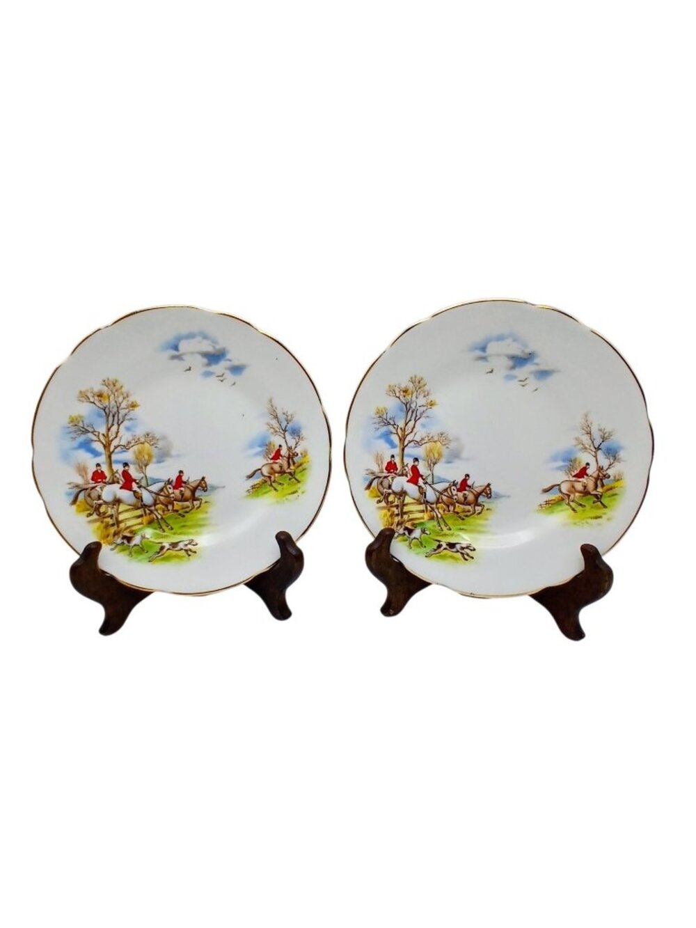 Regency Fox Hunt Bread Dessert Plates Pair Bone China Gold Trim 6" Equestrian